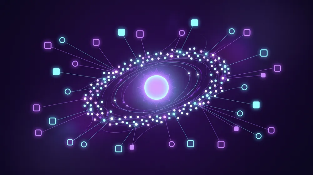 Anillo de pequeños puntos luminosos orbitando una esfera central y conectados por líneas finas a iconos cuadrados y circulares sobre fondo violeta oscuro