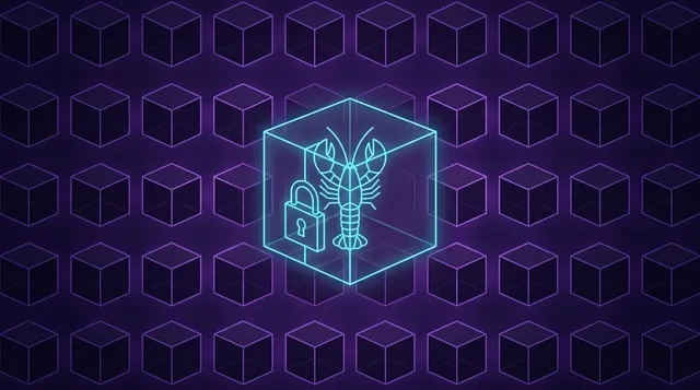 Silueta geométrica de langosta dentro de un cubo transparente con un candado, rodeada por una cuadrícula de cubos como racks de servidores