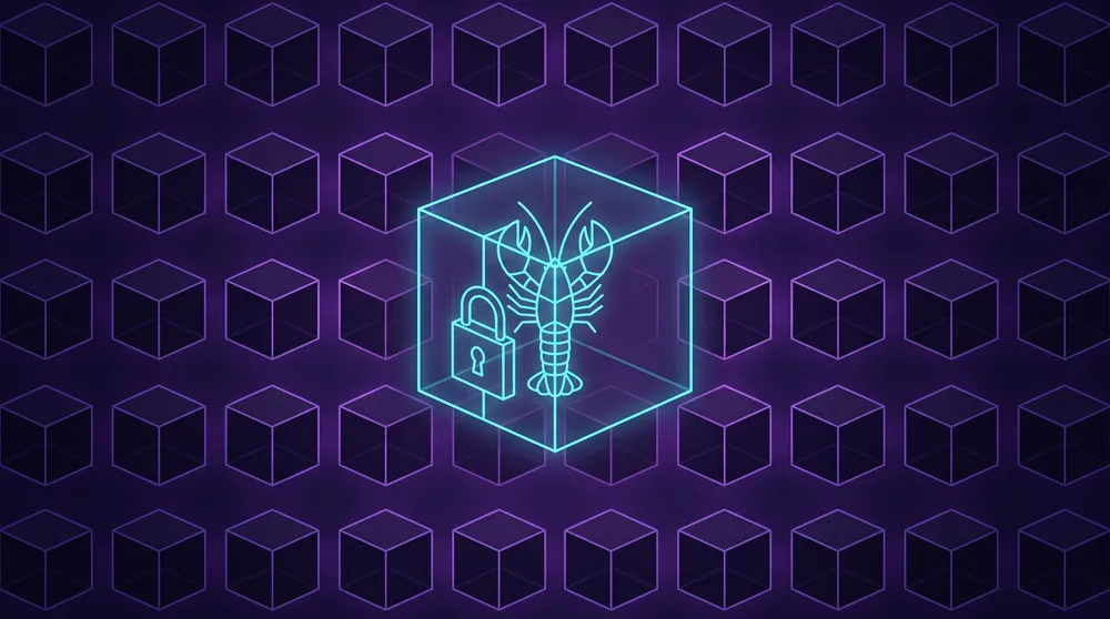 Silueta geométrica de langosta dentro de un cubo transparente con un candado, rodeada por una cuadrícula de cubos como racks de servidores