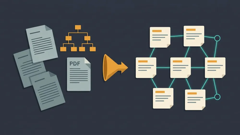 Un montón de documentos sueltos y un PDF con un índice en árbol pasan por un embudo y salen convertidos en una red de fichas de wiki enlazadas entre sí