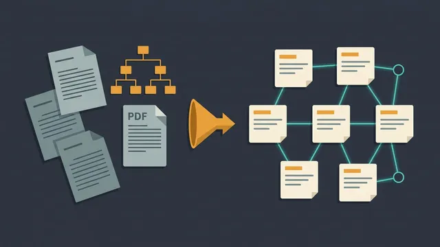Un montón de documentos sueltos y un PDF con un índice en árbol pasan por un embudo y salen convertidos en una red de fichas de wiki enlazadas entre sí