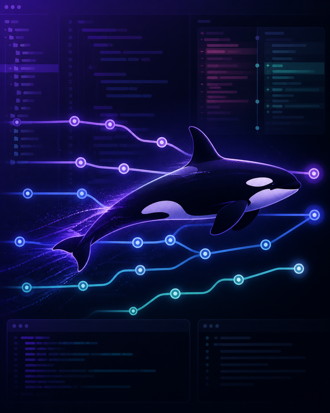 Silueta de orca nadando entre ramas de git paralelas sobre fondo violeta, con terminales y diffs de código en el fondo