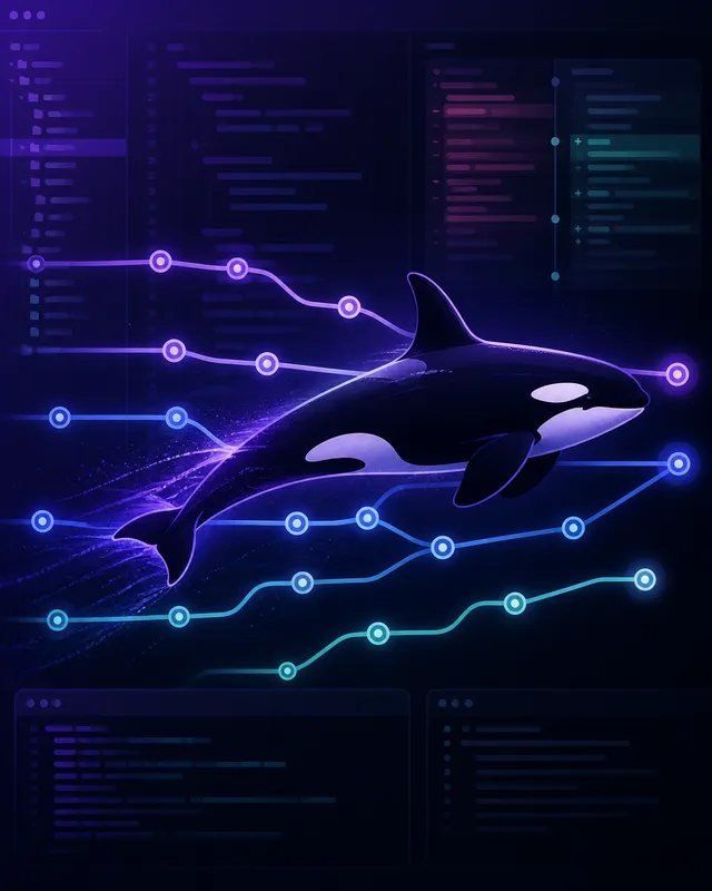 Silueta de orca nadando entre ramas de git paralelas sobre fondo violeta, con terminales y diffs de código en el fondo