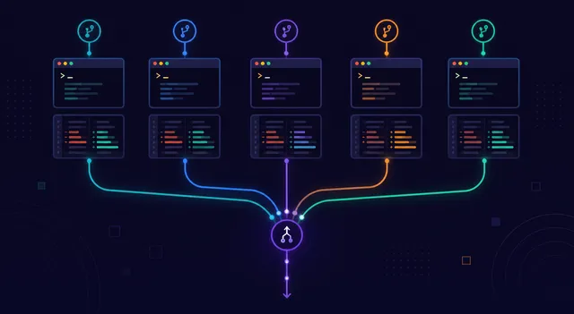 Ramas git paralelas convergiendo en un punto de merge sobre fondo violeta con terminales independientes