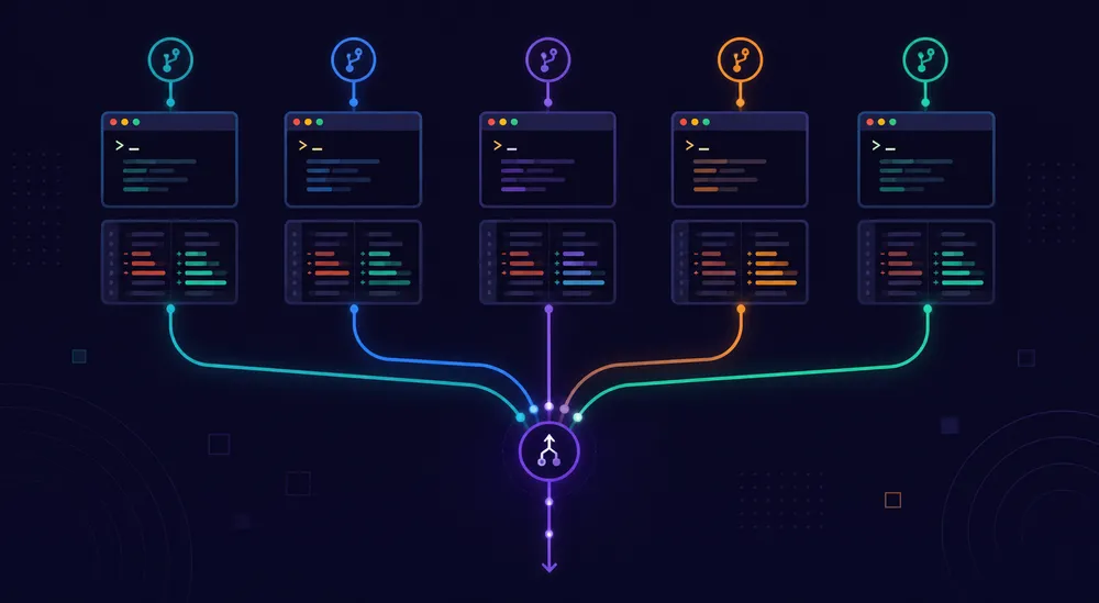Ramas git paralelas convergiendo en un punto de merge sobre fondo violeta con terminales independientes