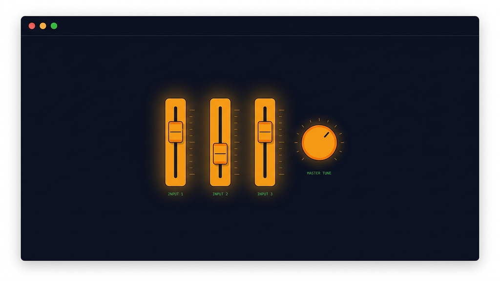 Panel de sliders y un dial de ajuste naranjas sobre fondo oscuro