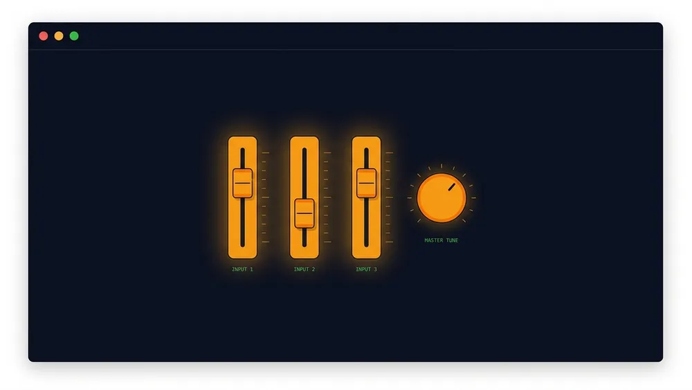 Panel de sliders y un dial de ajuste naranjas sobre fondo oscuro