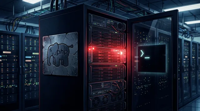 Armario de servidores en un centro de datos con una unidad iluminada en rojo de alerta, una placa metálica agrietada con el elefante de PHP y un prompt de terminal reflejado en el cristal