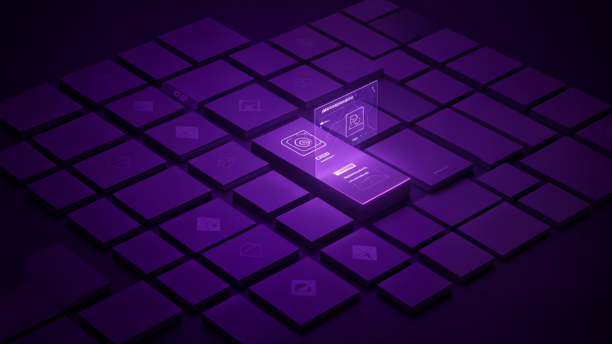 Rejilla de tarjetas geometricas identicas de las que una se ilumina y se despliega sobre fondo violeta oscuro