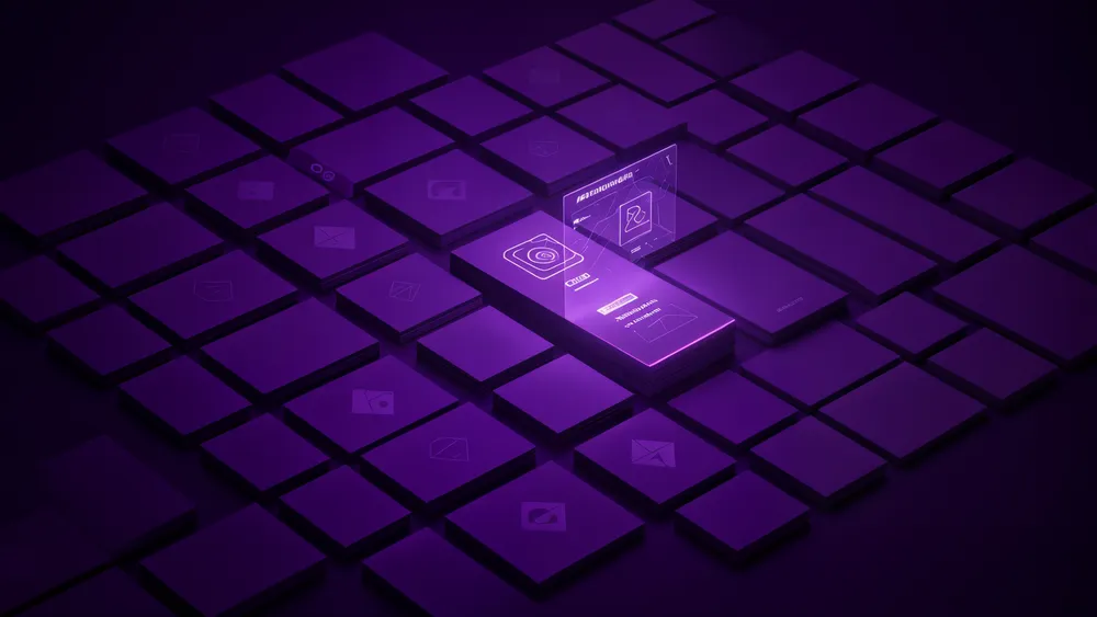 Rejilla de tarjetas geometricas identicas de las que una se ilumina y se despliega sobre fondo violeta oscuro