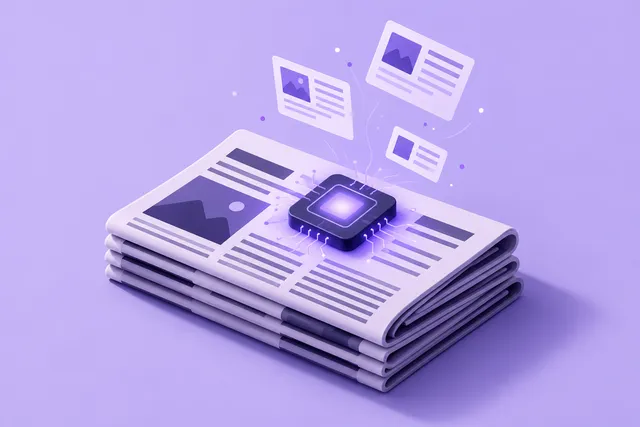 Pila de periódicos con un chip de IA brillante encima y pequeñas tarjetas flotando, ilustración editorial minimalista en tonos violeta