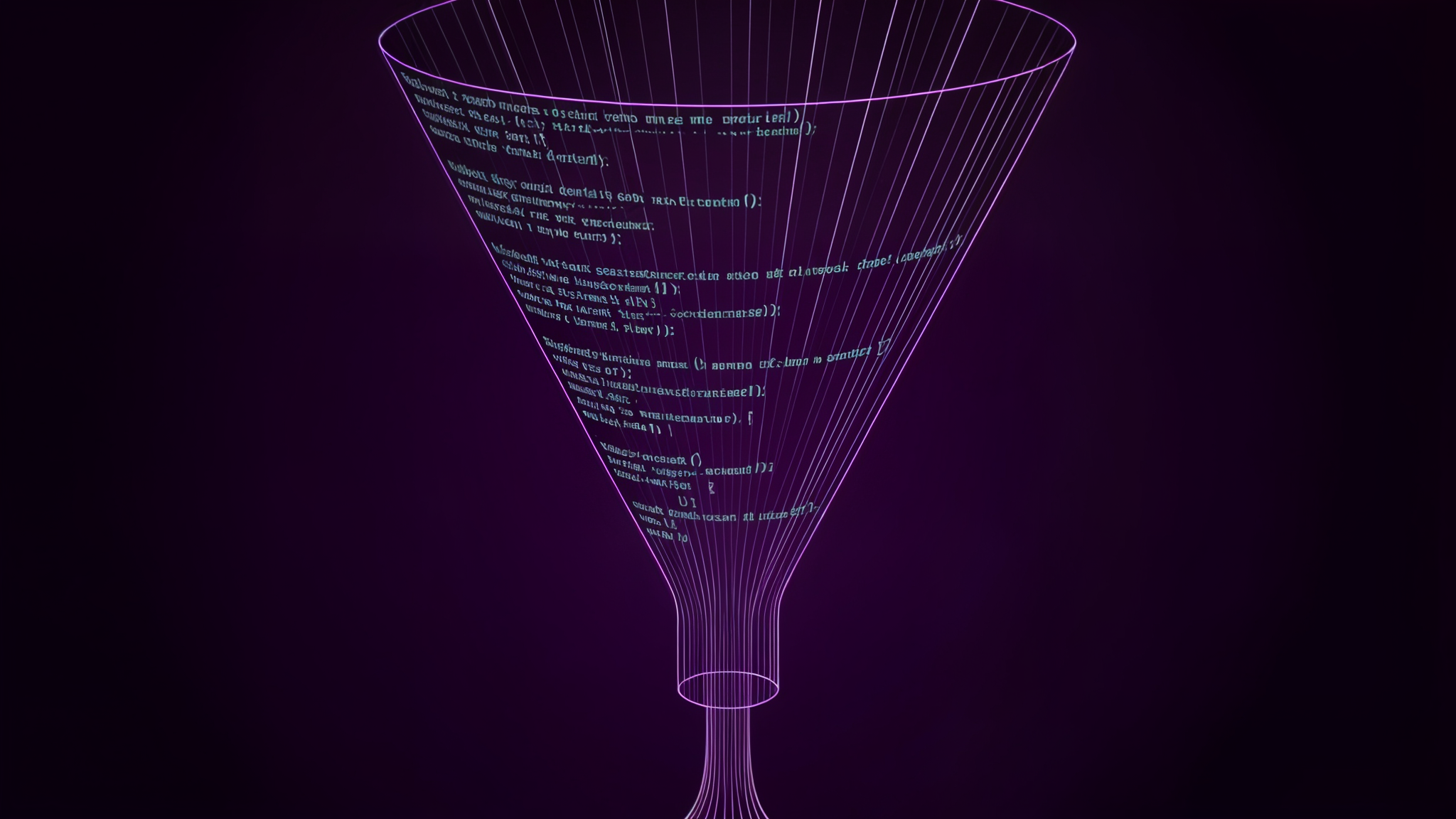 Embudo geometrico que estrecha un torrente de lineas de terminal hasta un hilo fino sobre fondo violeta oscuro