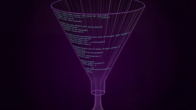 Embudo geometrico que estrecha un torrente de lineas de terminal hasta un hilo fino sobre fondo violeta oscuro