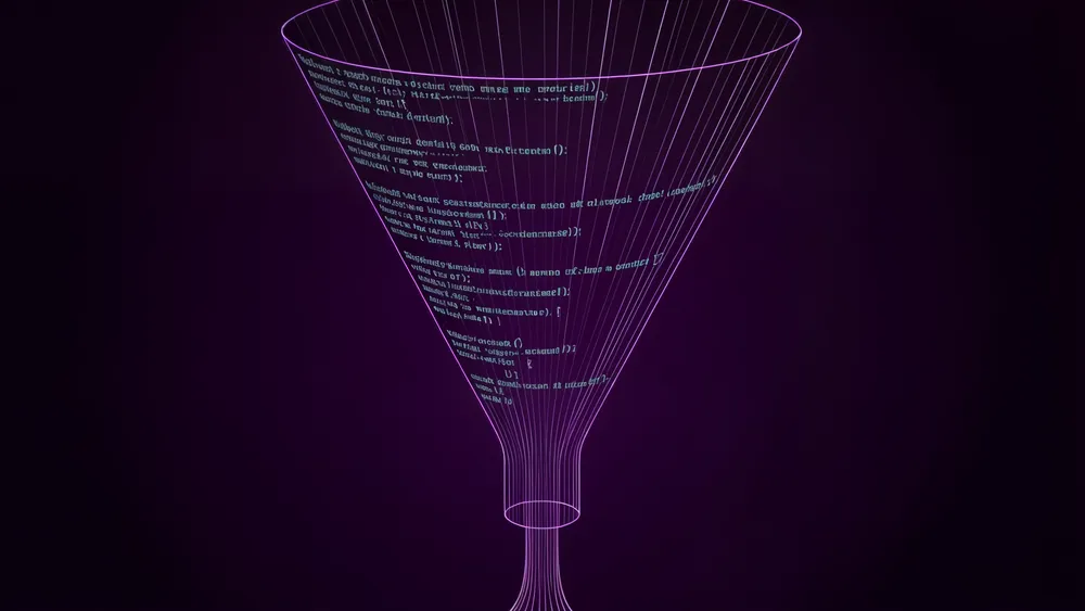 Embudo geometrico que estrecha un torrente de lineas de terminal hasta un hilo fino sobre fondo violeta oscuro