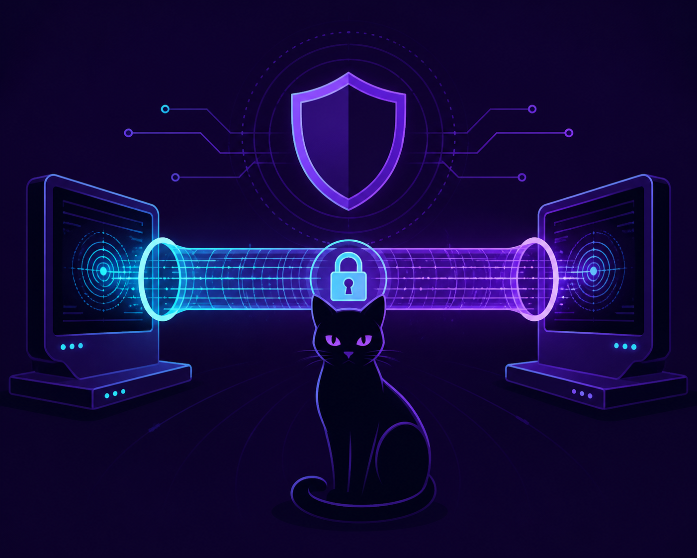 Dos terminales conectadas por un tunel cifrado con un gato en el centro sobre fondo violeta oscuro