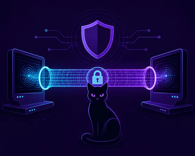 Dos terminales conectadas por un tunel cifrado con un gato en el centro sobre fondo violeta oscuro