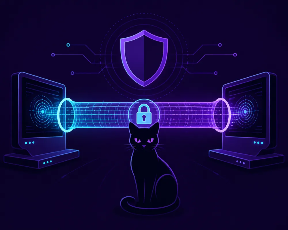 Dos terminales conectadas por un tunel cifrado con un gato en el centro sobre fondo violeta oscuro