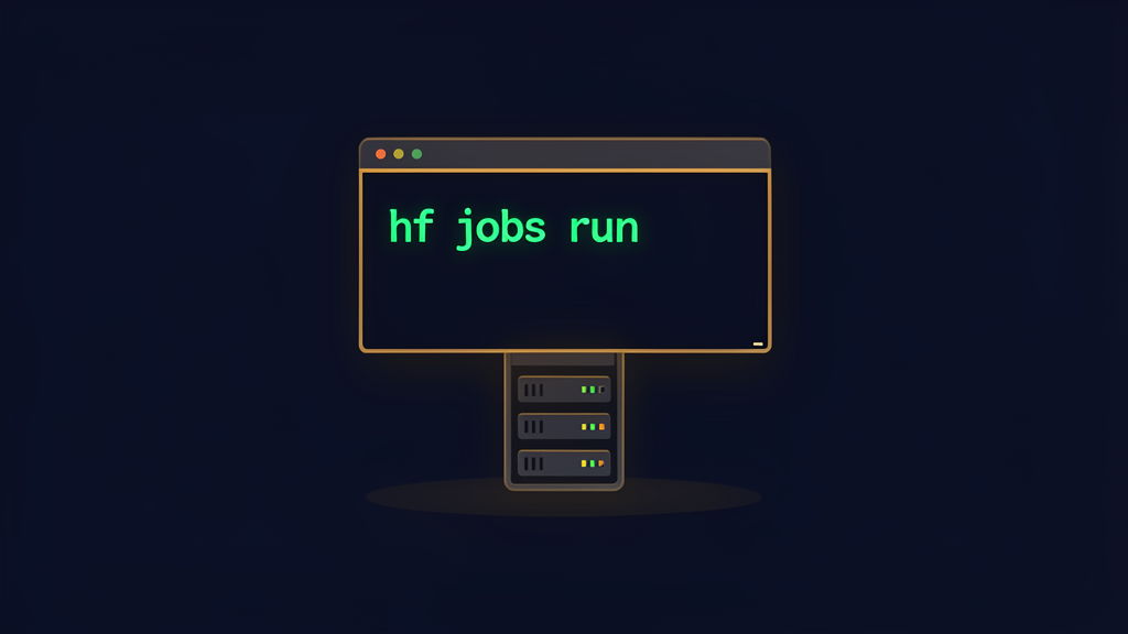 Ilustración de un terminal con el comando hf jobs run sobre fondo oscuro