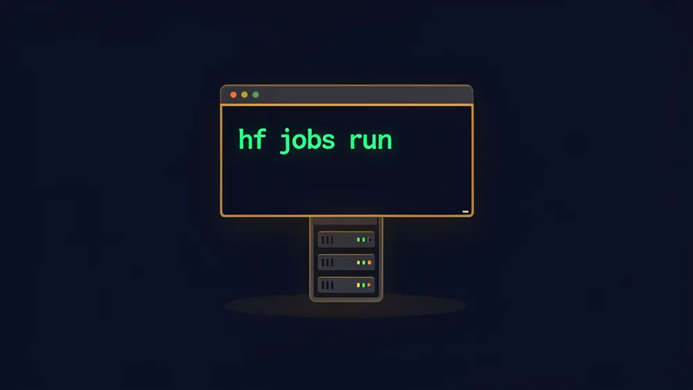 Ilustración de un terminal con el comando hf jobs run sobre fondo oscuro