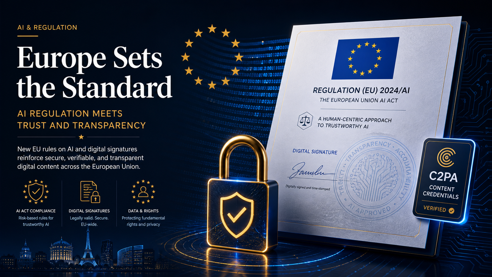 Ilustración de un documento con sello de la UE y marca de agua digital sobre fondo oscuro