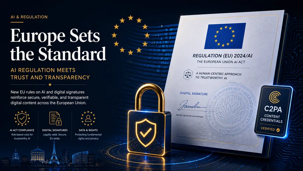 Ilustración de un documento con sello de la UE y marca de agua digital sobre fondo oscuro