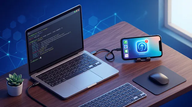 Portátil con una terminal de Linux conectado por cable USB a un iPhone que muestra una app recién instalada, sobre una mesa con fondo azul oscuro